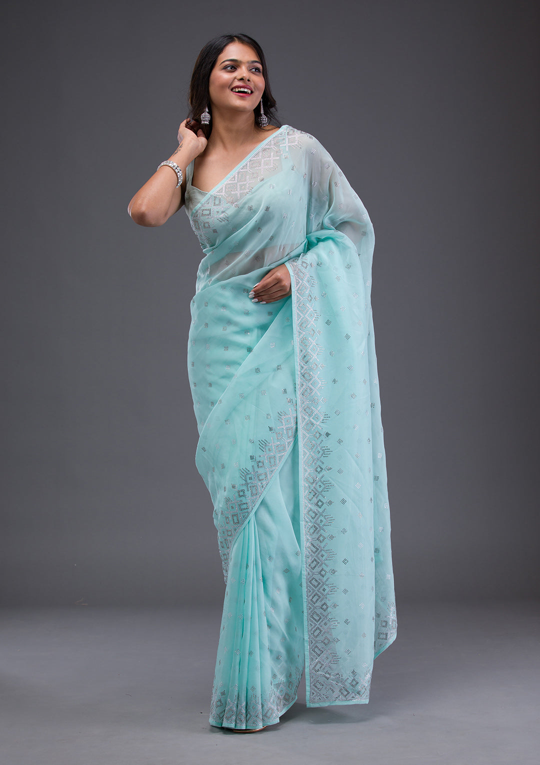 Sky Blue Swarovski Satin Saree