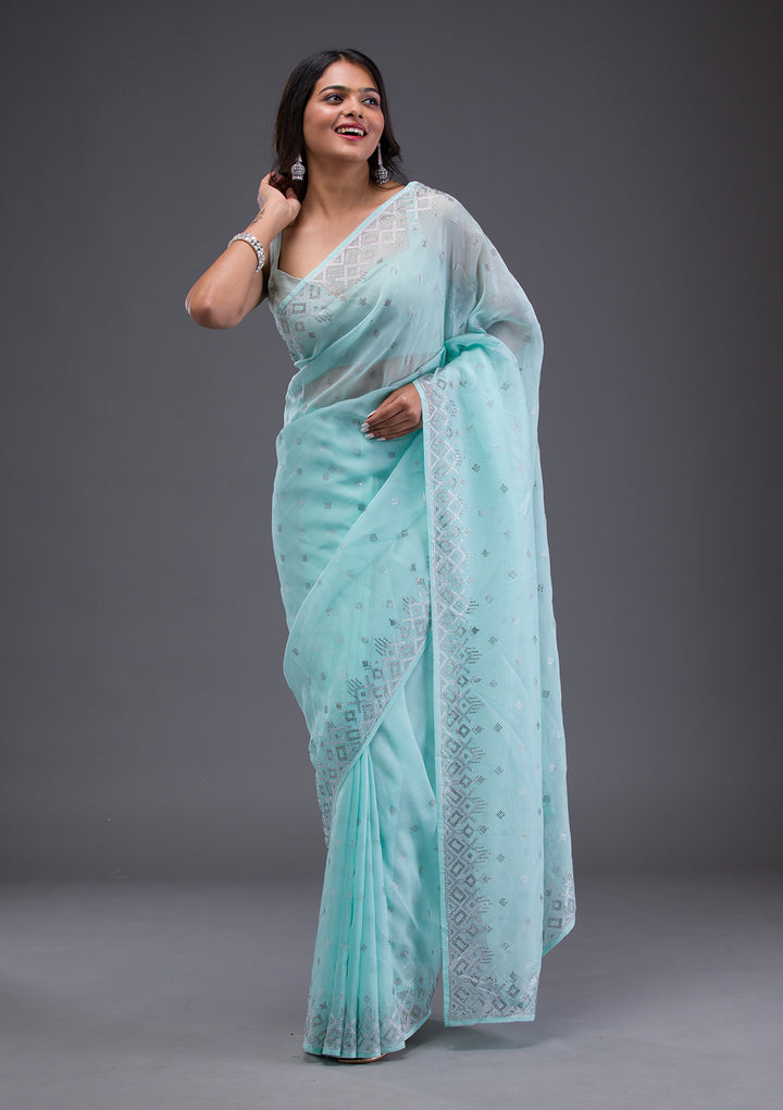 Sky Blue Swarovski Satin Saree