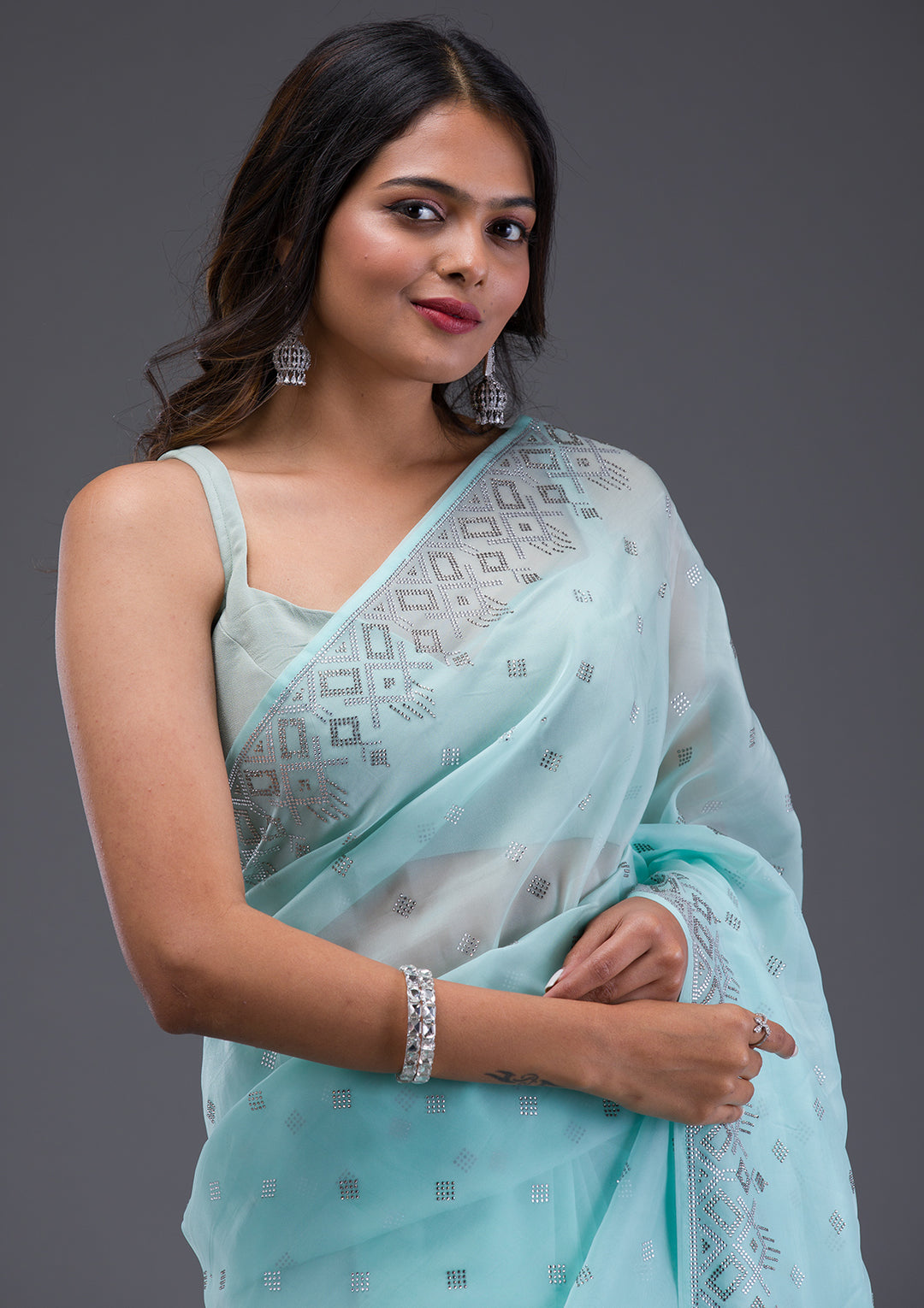 Sky Blue Swarovski Satin Saree