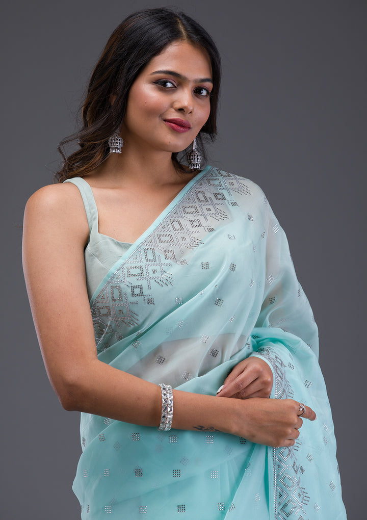 Sky Blue Swarovski Satin Saree