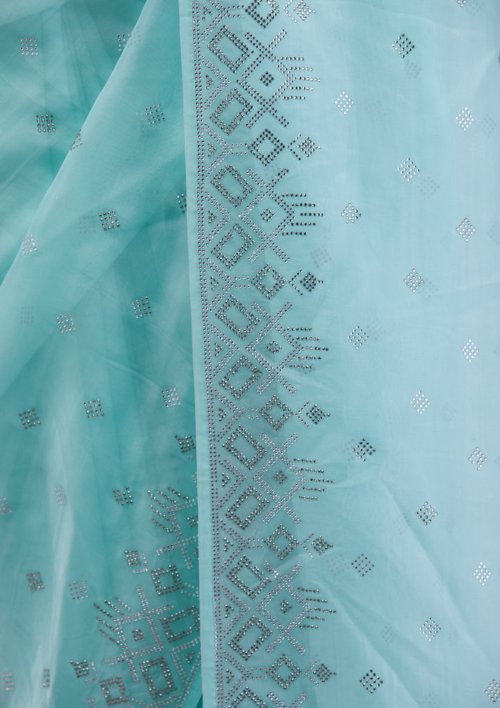 Sky Blue Swarovski Satin Saree
