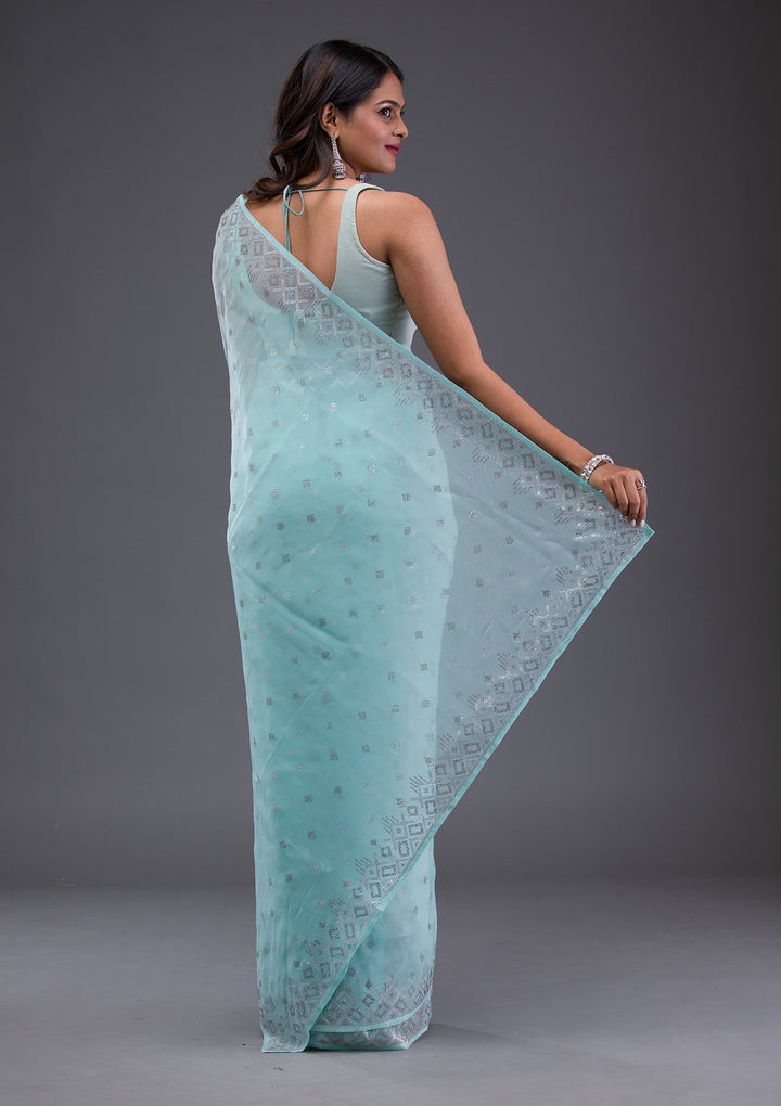 Sky Blue Swarovski Satin Saree
