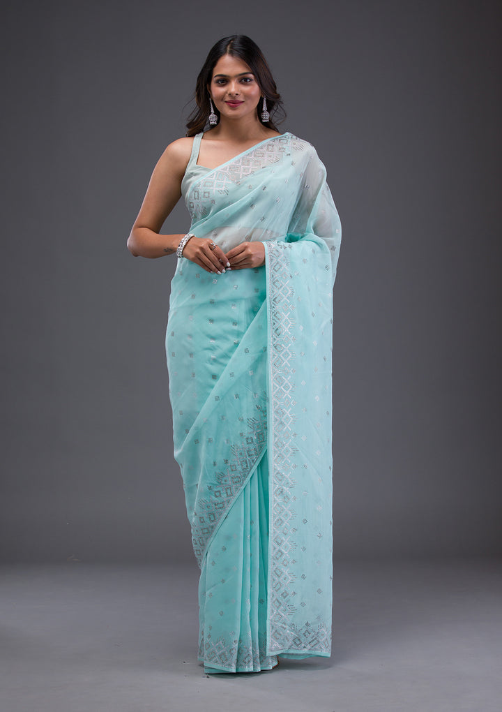 Sky Blue Swarovski Satin Saree