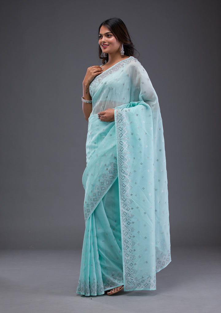 Sky Blue Swarovski Satin Saree