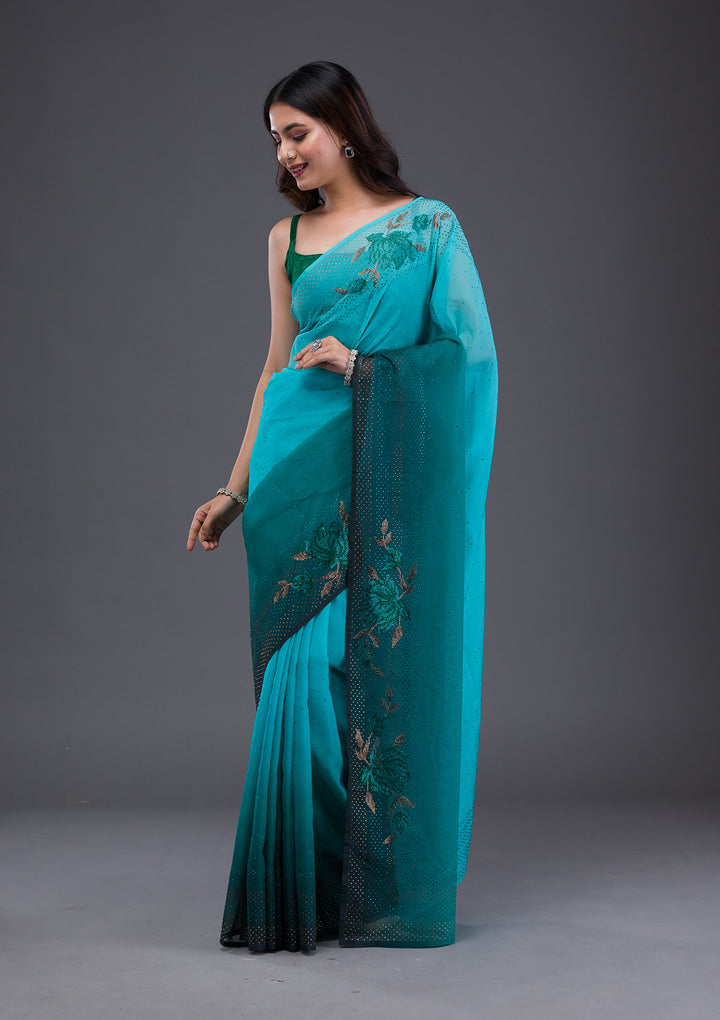 Sky Blue Swarovski Satin Saree