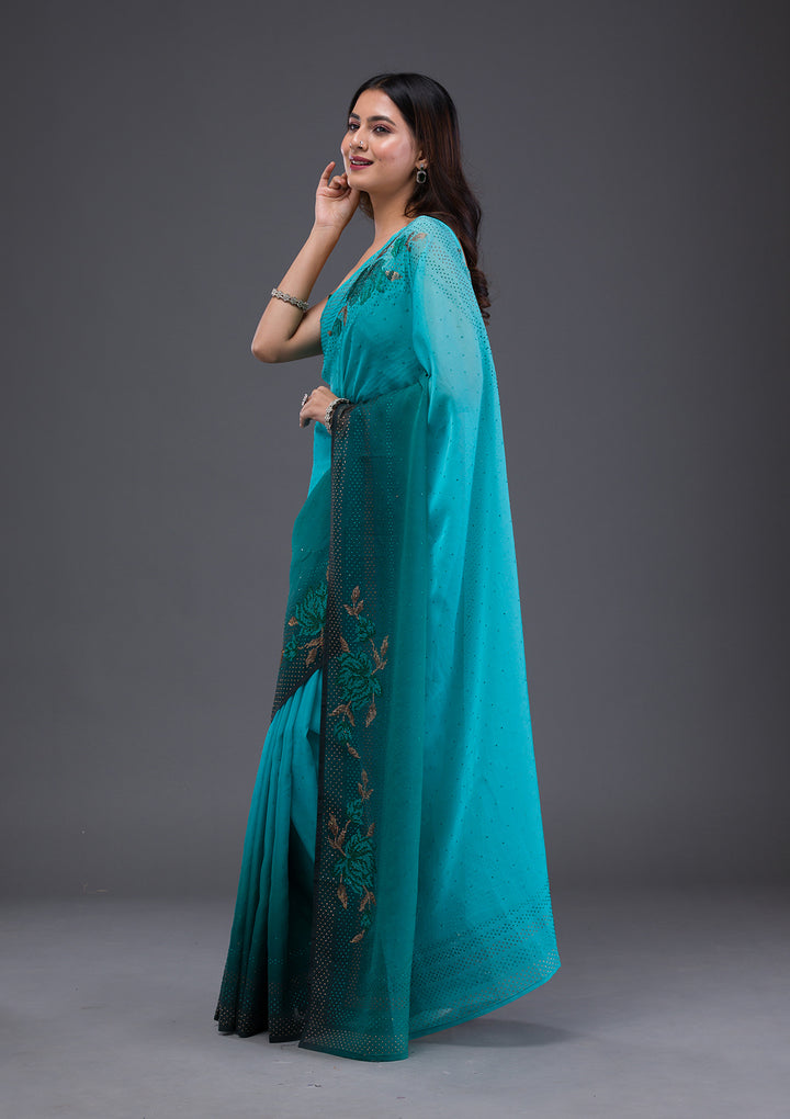 Sky Blue Swarovski Satin Saree