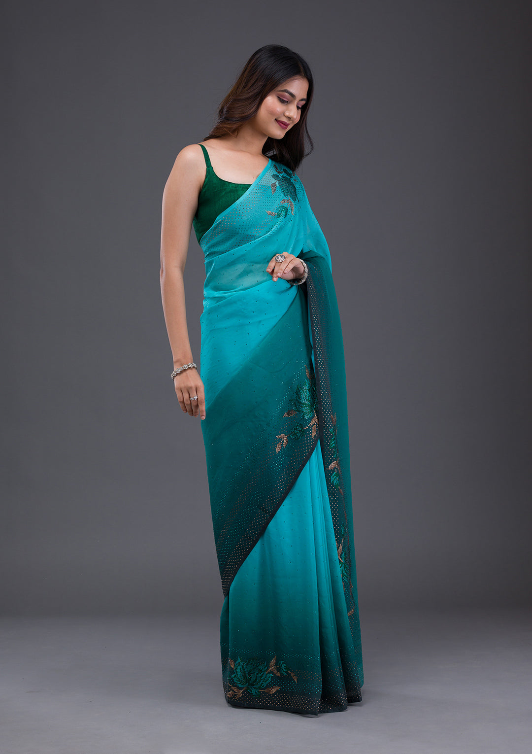 Sky Blue Swarovski Satin Saree