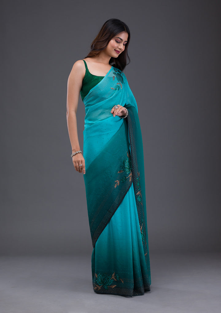 Sky Blue Swarovski Satin Saree