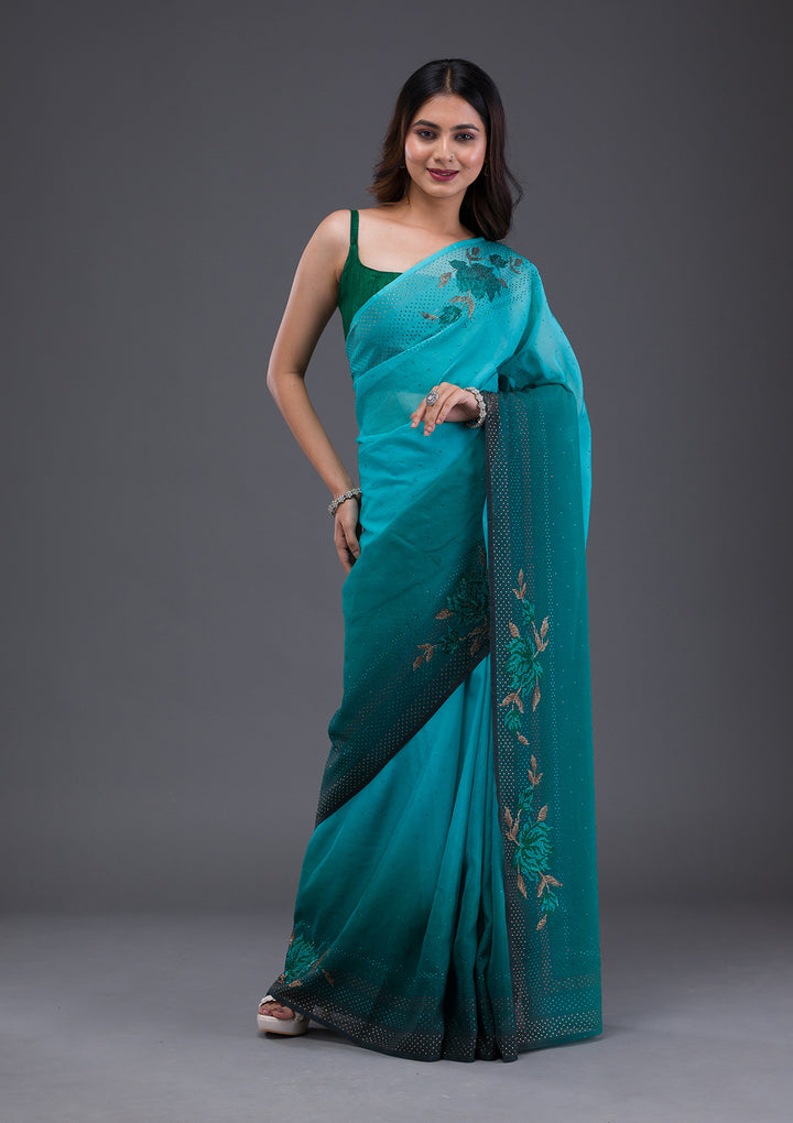 Sky Blue Swarovski Satin Saree