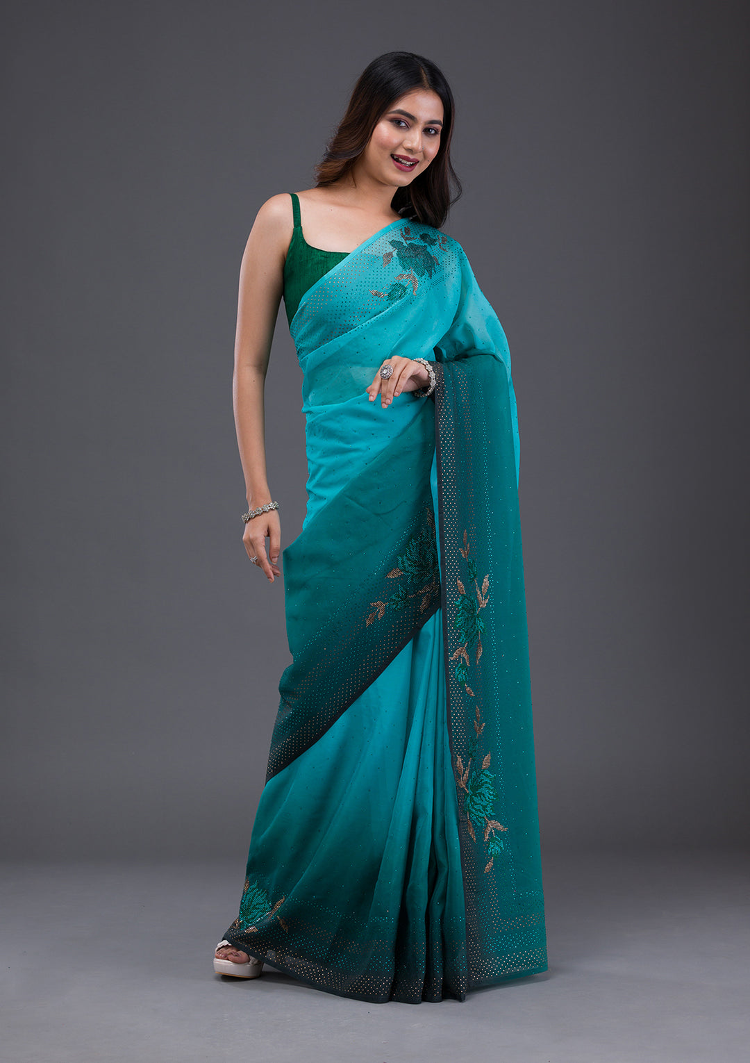 Sky Blue Swarovski Satin Saree