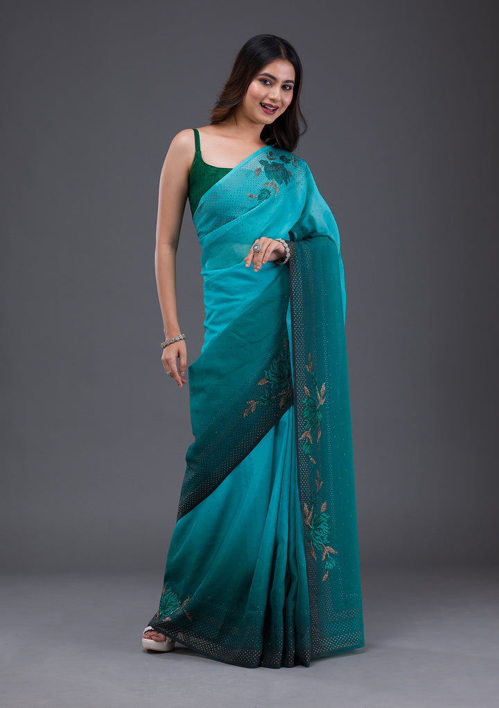 Sky Blue Swarovski Satin Saree