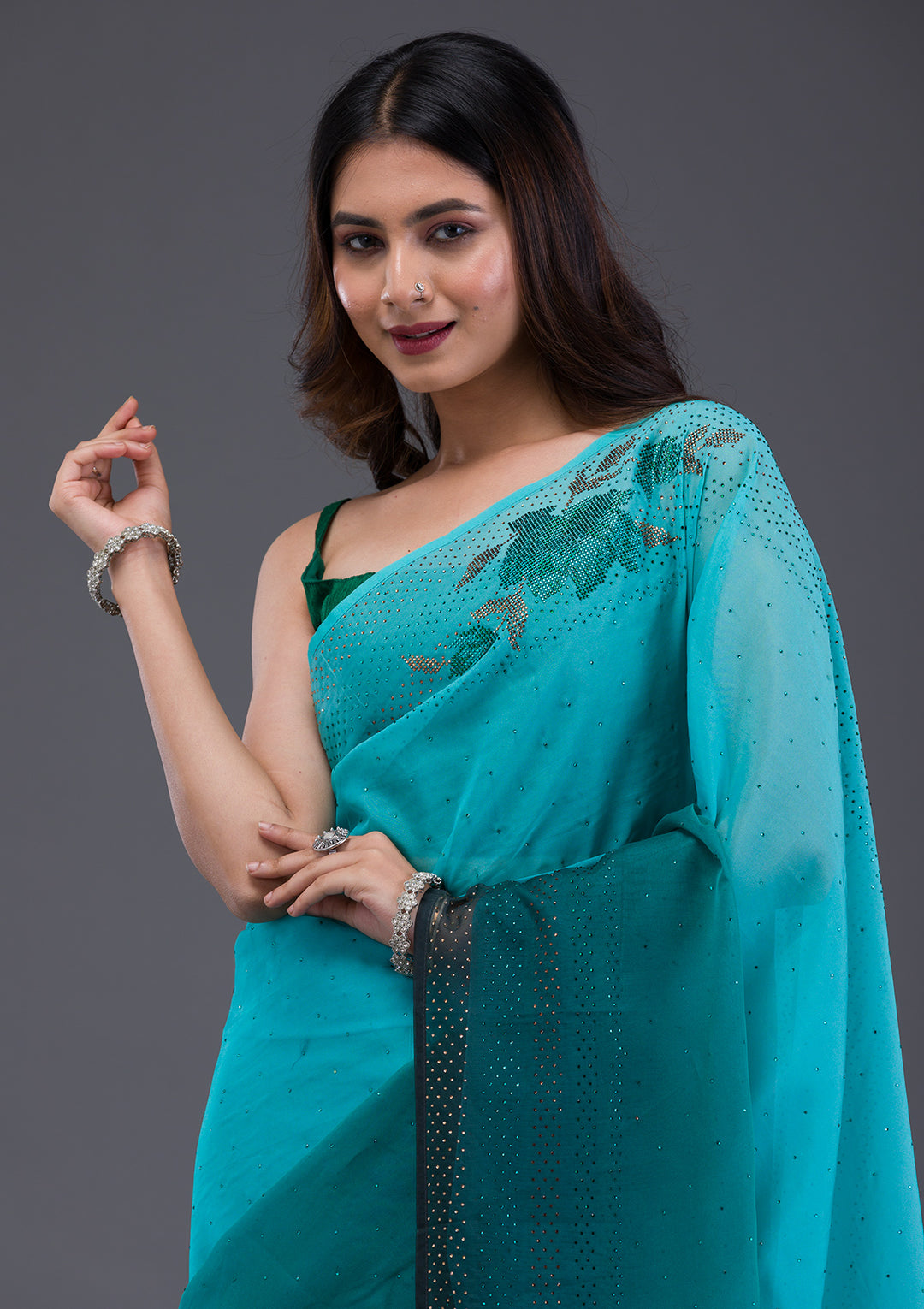 Sky Blue Swarovski Satin Saree