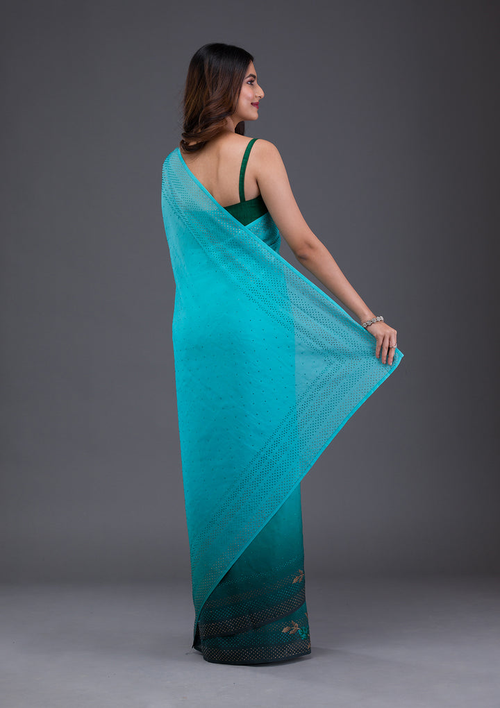 Sky Blue Swarovski Satin Saree