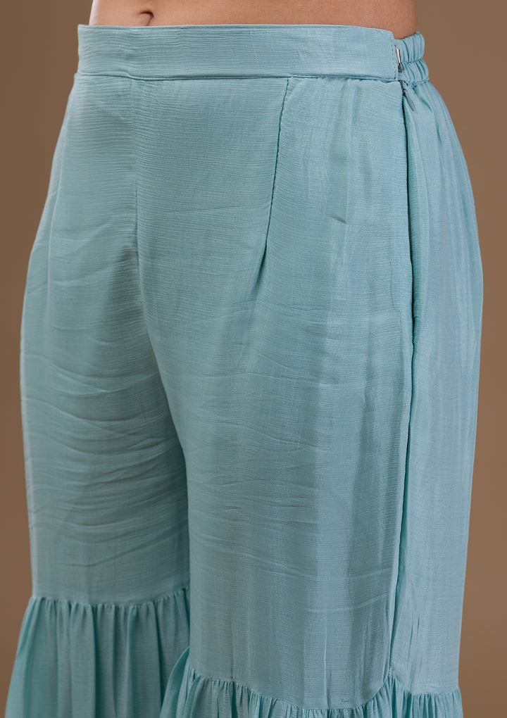 Sky Blue Threadwork Chiffon Readymade Salwar Suit