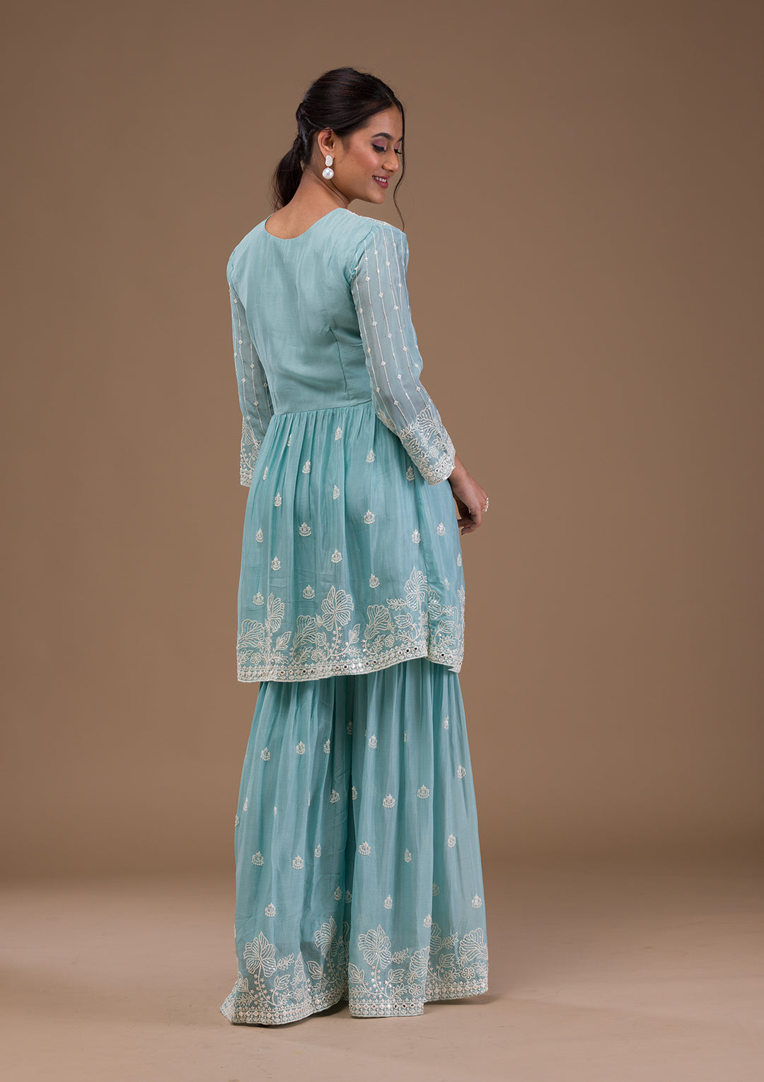 Sky Blue Threadwork Chiffon Readymade Salwar Suit