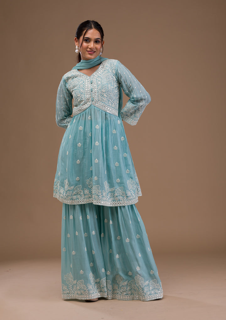 Sky Blue Threadwork Chiffon Readymade Salwar Suit