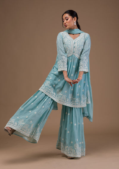 Sky Blue Threadwork Art Silk Readymade Salwar Suit