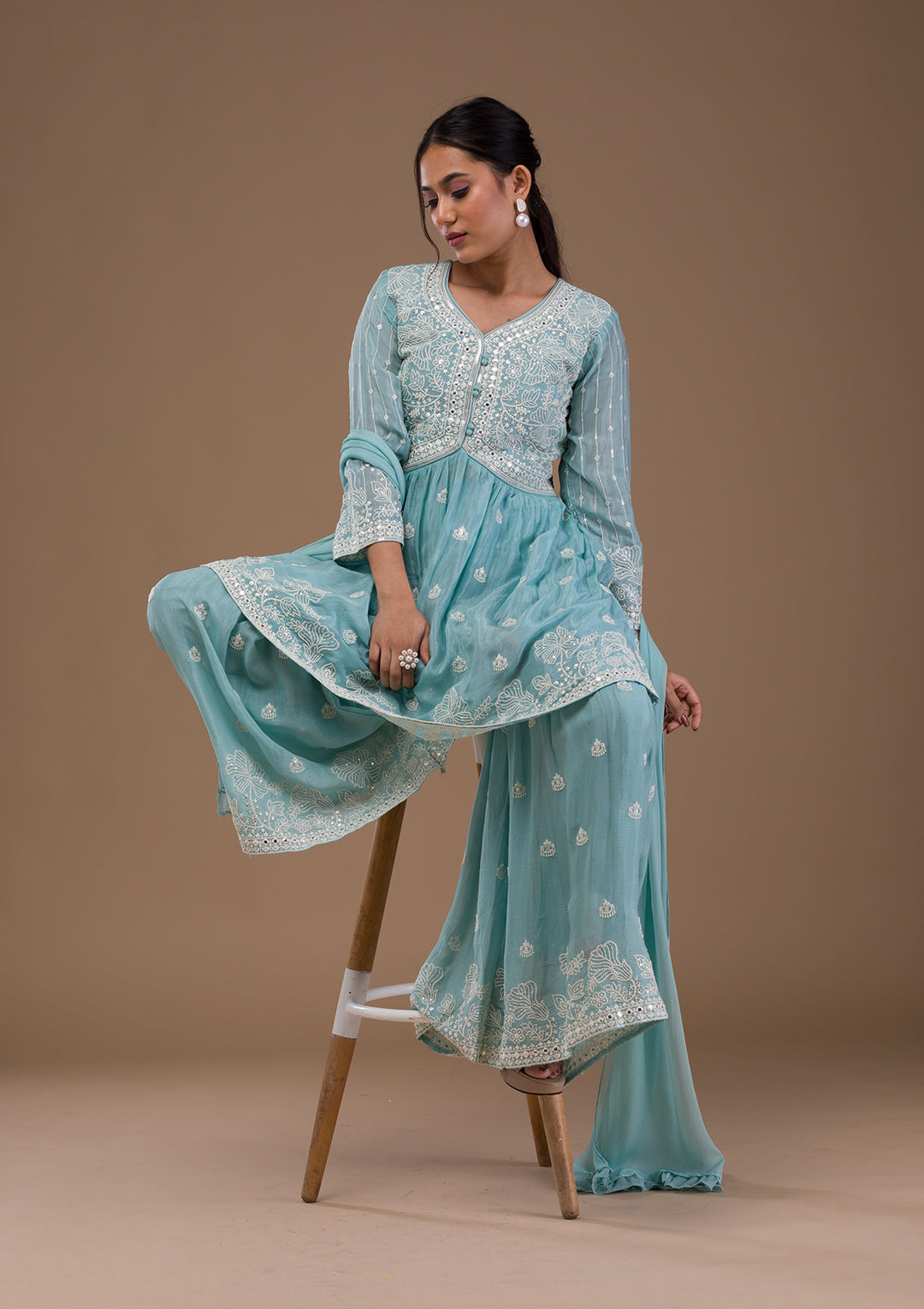 Sky Blue Threadwork Chiffon Readymade Salwar Suit