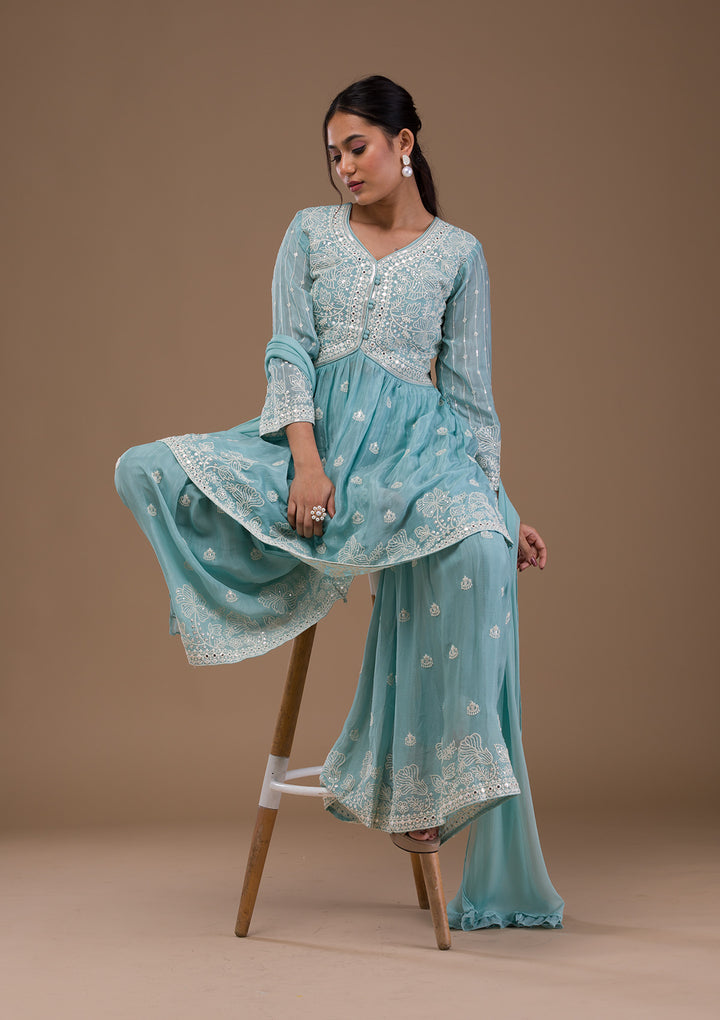 Sky Blue Threadwork Chiffon Readymade Salwar Suit