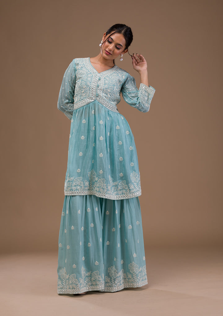 Sky Blue Threadwork Chiffon Readymade Salwar Suit