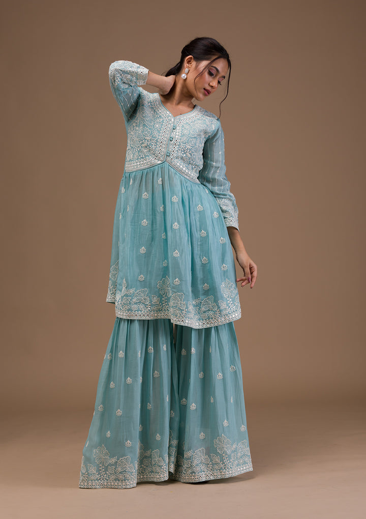 Sky Blue Threadwork Chiffon Readymade Salwar Suit