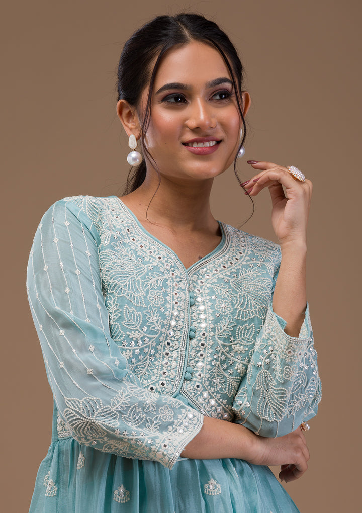 Sky Blue Threadwork Chiffon Readymade Salwar Suit