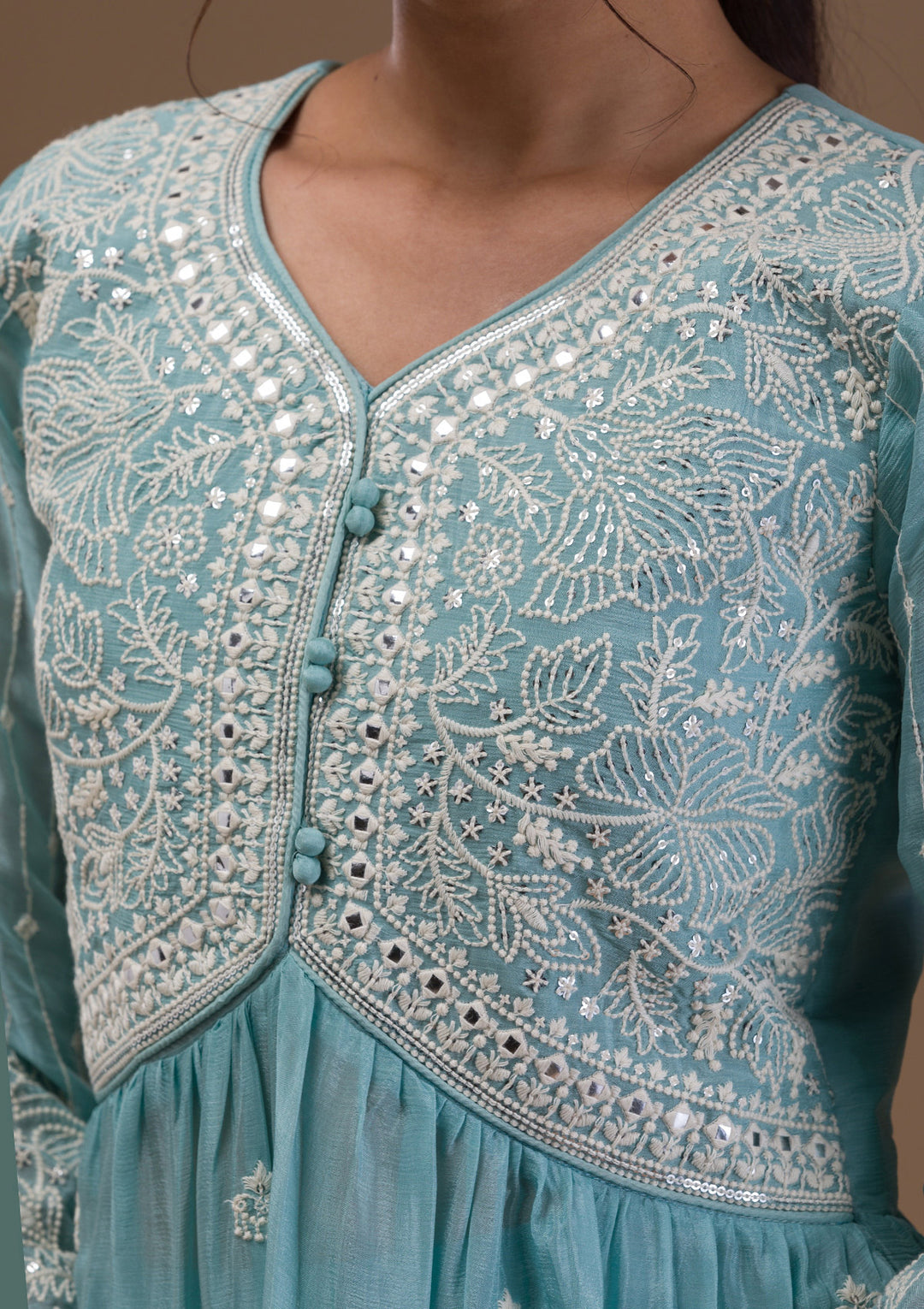 Sky Blue Threadwork Chiffon Readymade Salwar Suit