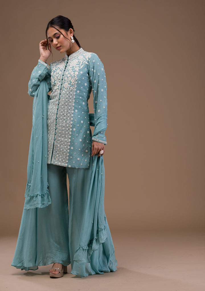 Sky Blue Threadwork Georgette Readymade Salwar Suit