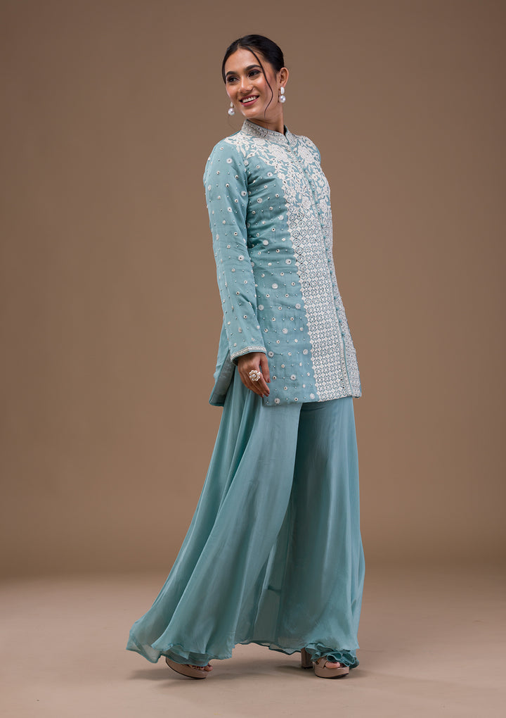 Sky Blue Threadwork Georgette Readymade Salwar Suit