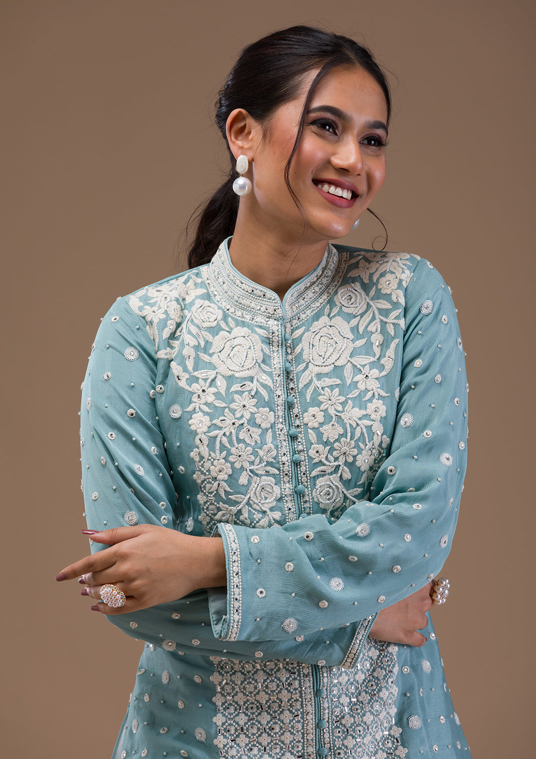 Sky Blue Threadwork Georgette Readymade Salwar Suit
