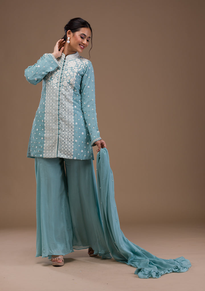 Sky Blue Threadwork Georgette Readymade Salwar Suit