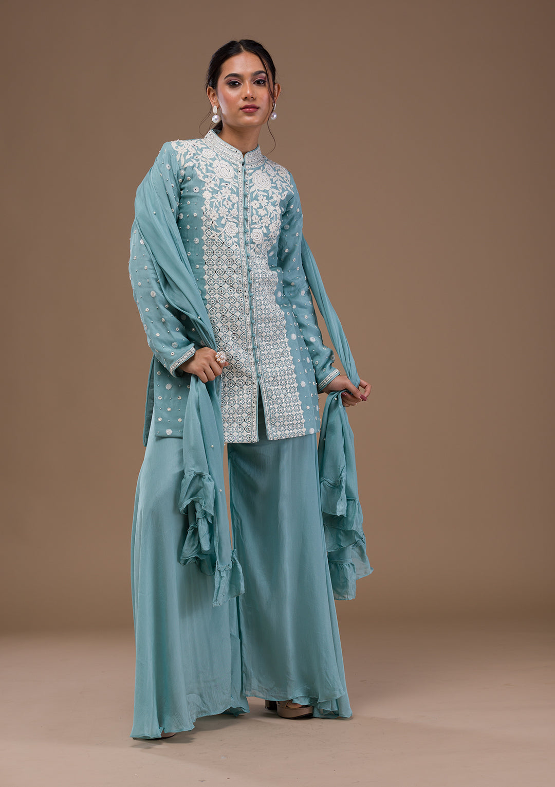 Sky Blue Threadwork Georgette Readymade Salwar Suit