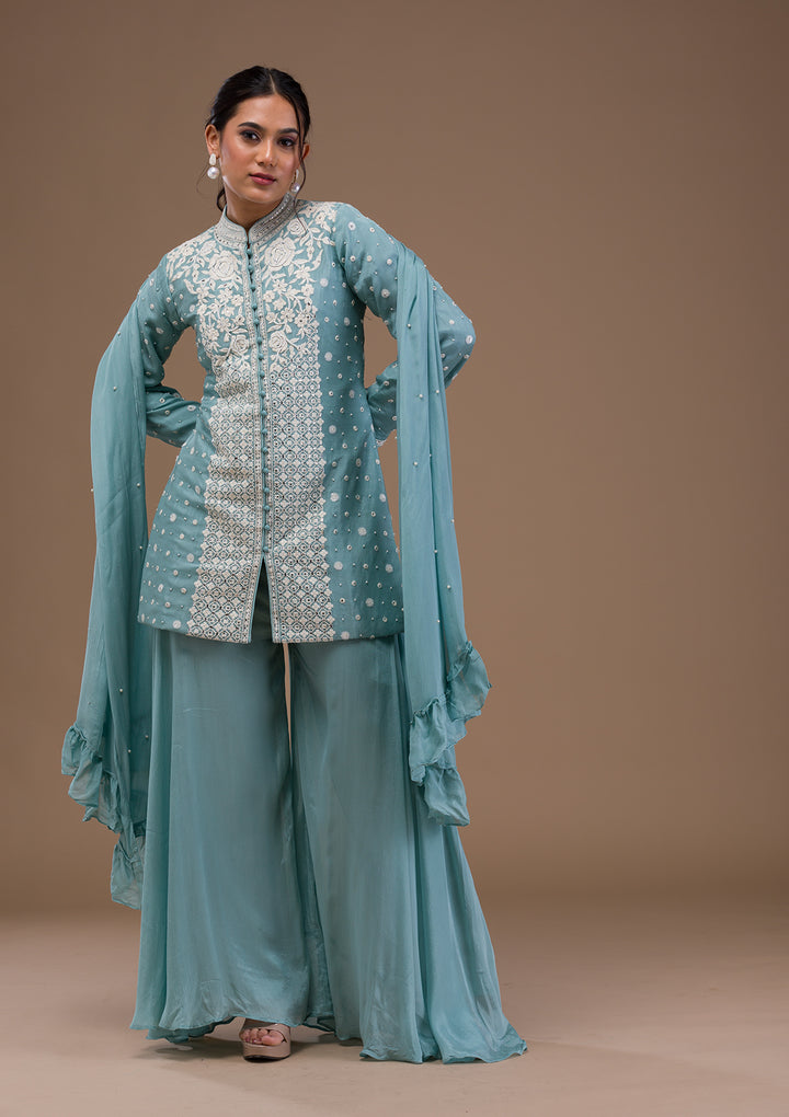 Sky Blue Threadwork Georgette Readymade Salwar Suit