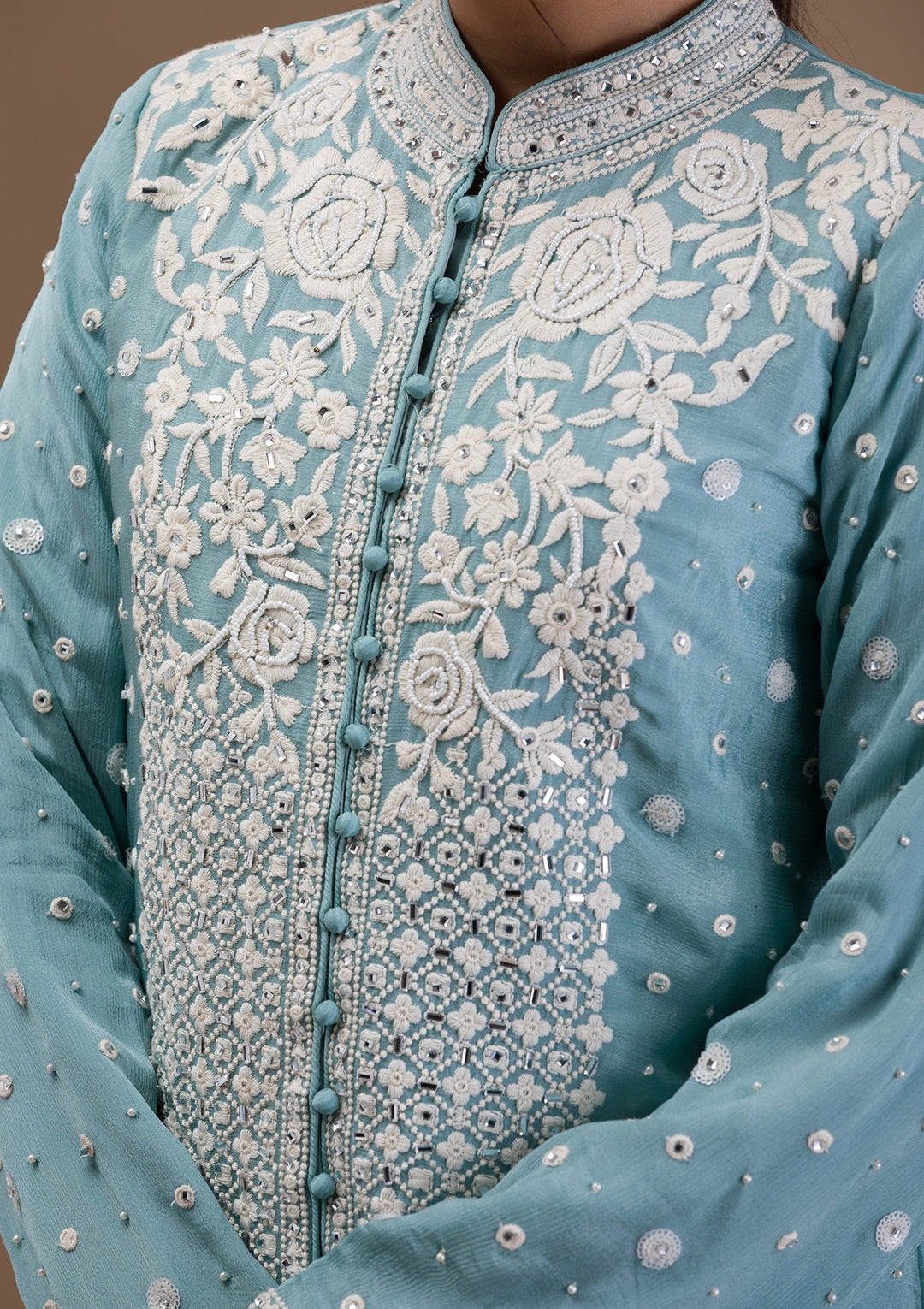Sky Blue Threadwork Georgette Readymade Salwar Suit