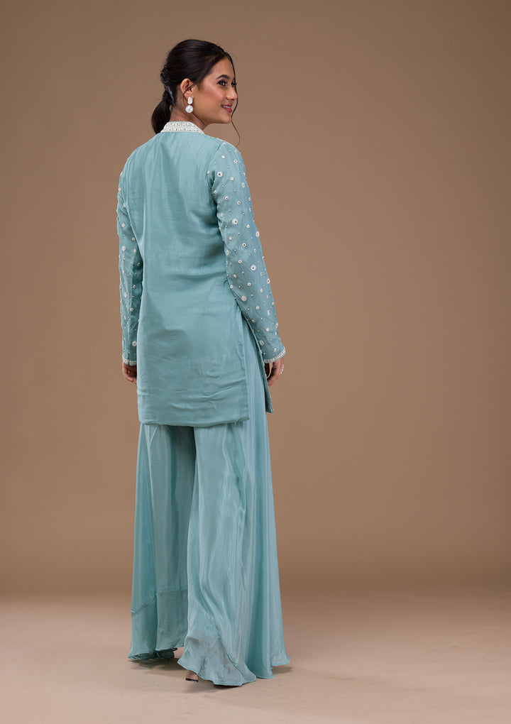 Sky Blue Threadwork Georgette Readymade Salwar Suit