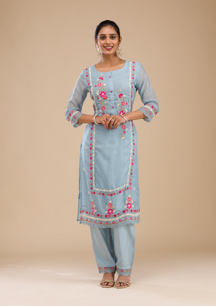 Sky Blue Threadwork Chiffon Readymade Salwar Suit
