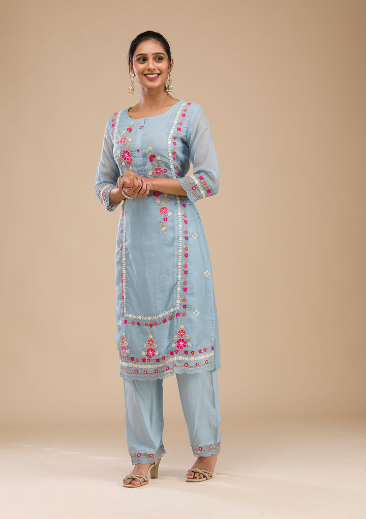 Sky Blue Threadwork Chiffon Readymade Salwar Suit