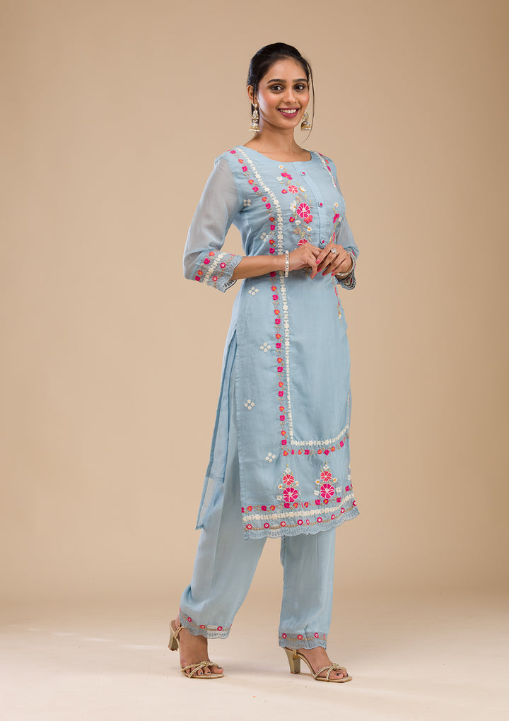 Sky Blue Threadwork Chiffon Readymade Salwar Suit