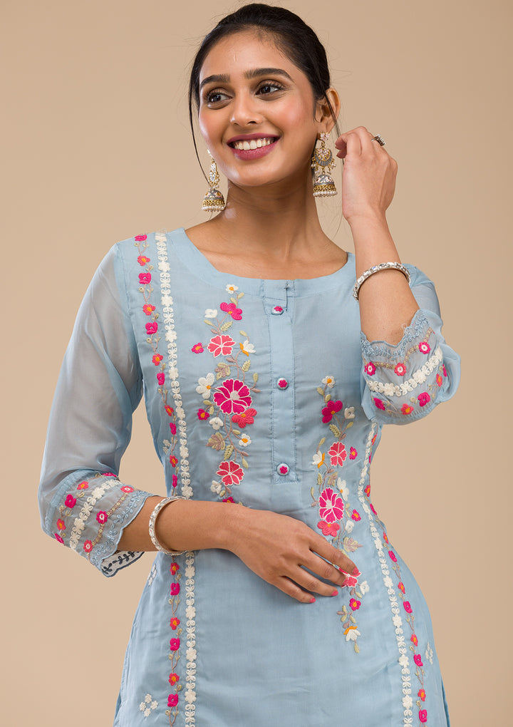 Sky Blue Threadwork Chiffon Readymade Salwar Suit