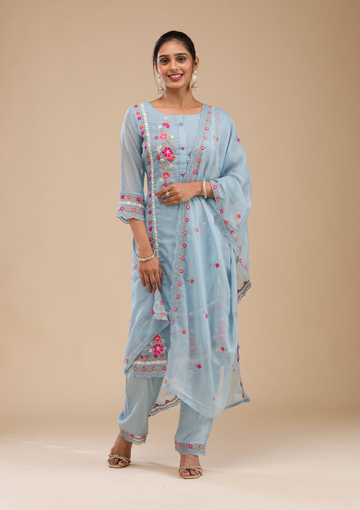 Sky Blue Threadwork Chiffon Readymade Salwar Suit
