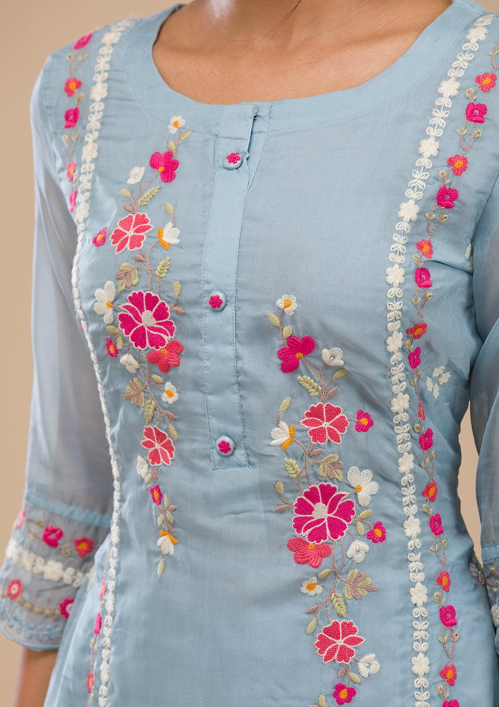 Sky Blue Threadwork Chiffon Readymade Salwar Suit