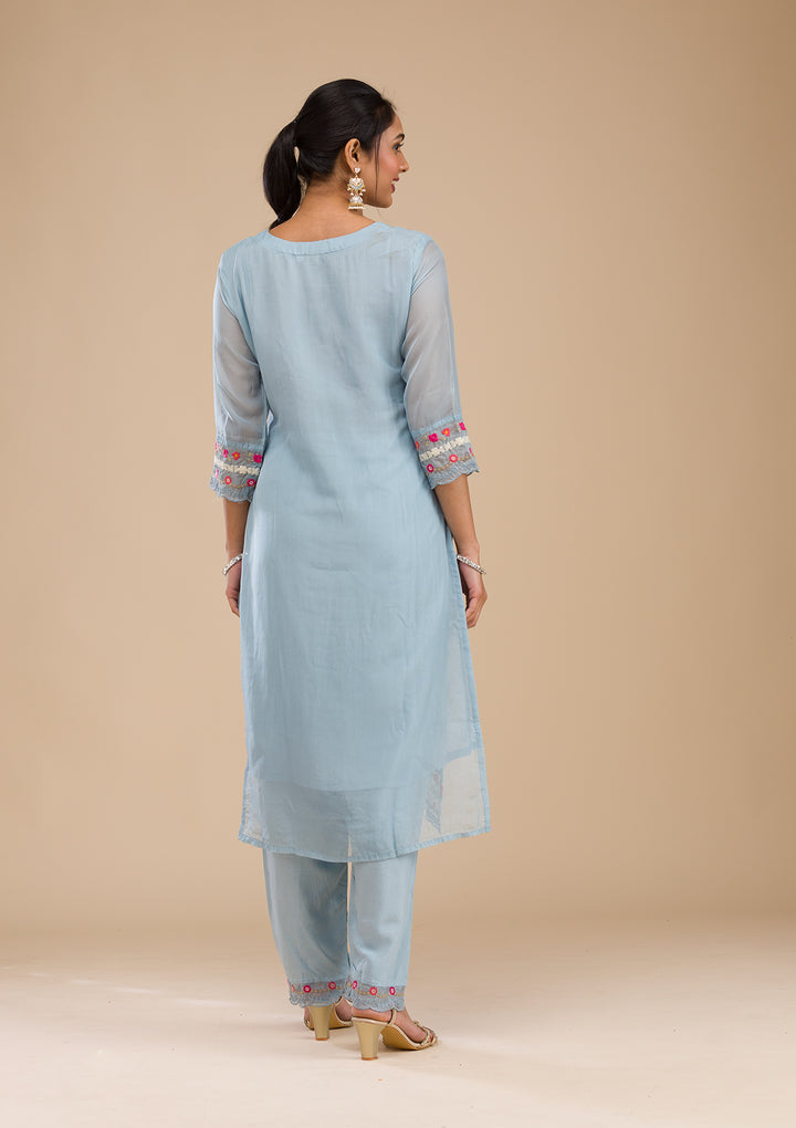 Sky Blue Threadwork Chiffon Readymade Salwar Suit