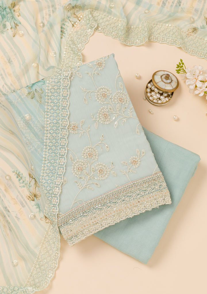 Sky Blue Threadwork Chiffon Unstitched Salwar Suit