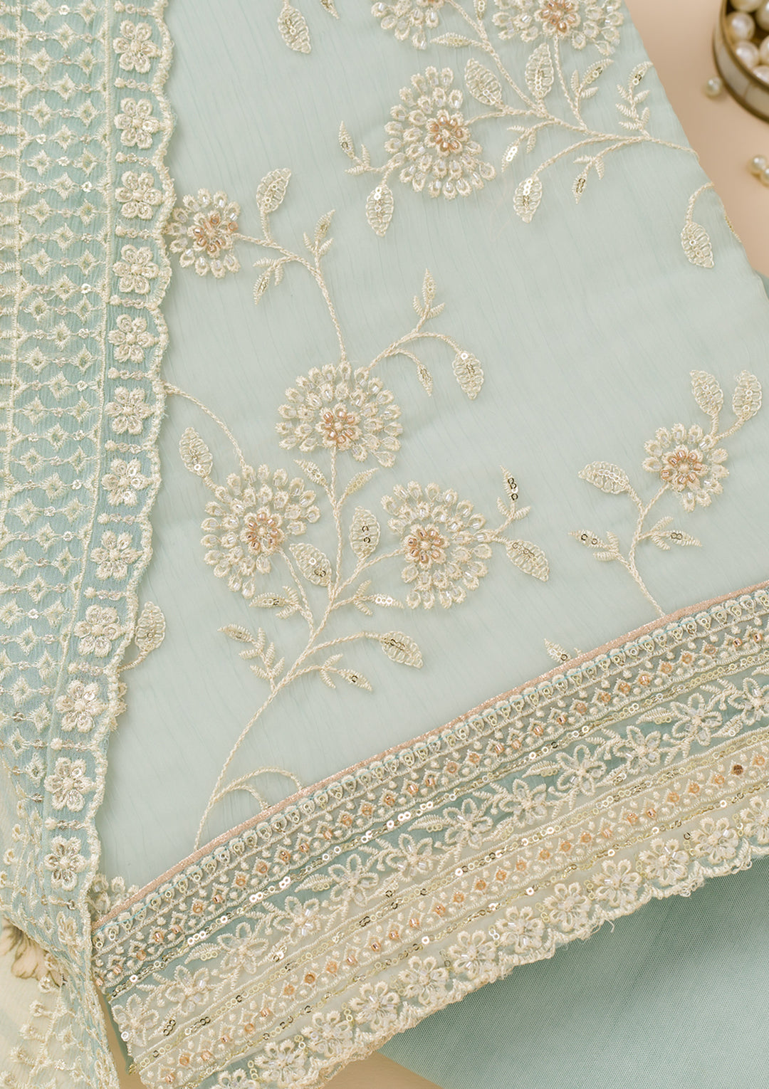 Sky Blue Threadwork Chiffon Unstitched Salwar Suit