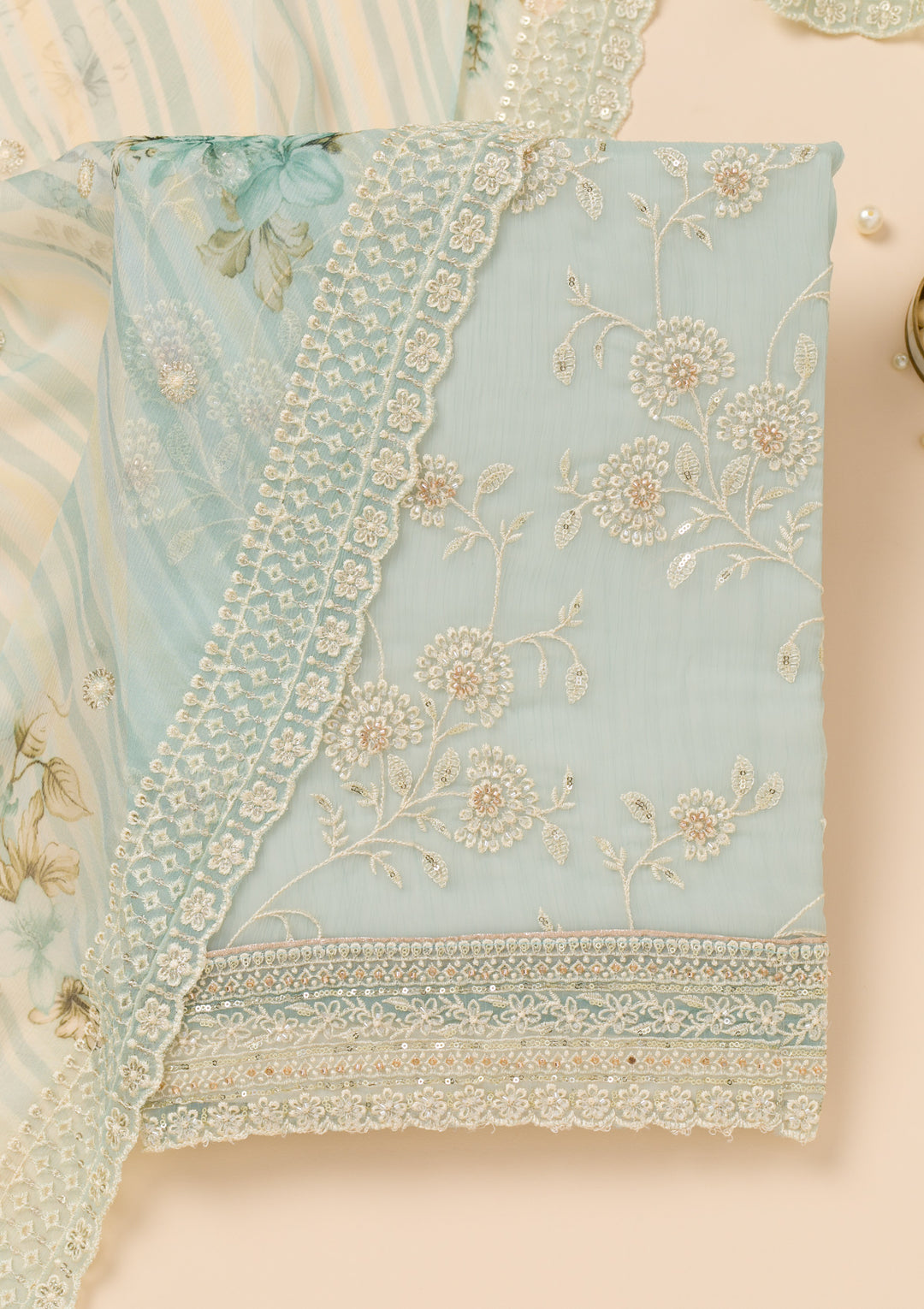 Sky Blue Threadwork Chiffon Unstitched Salwar Suit