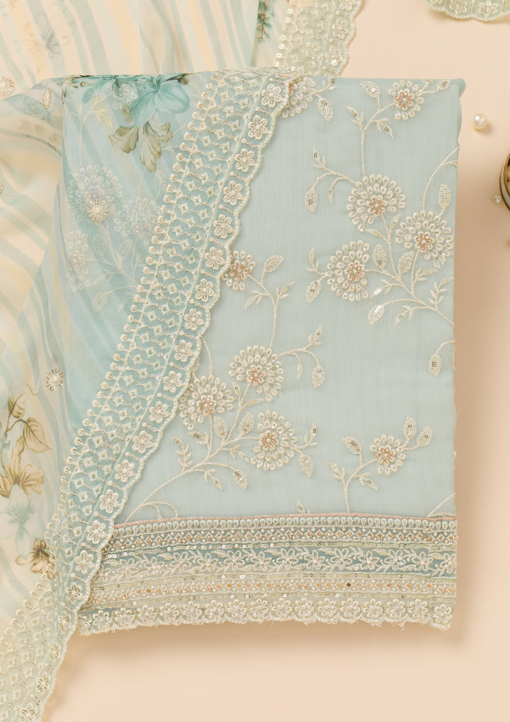 Sky Blue Threadwork Chiffon Unstitched Salwar Suit