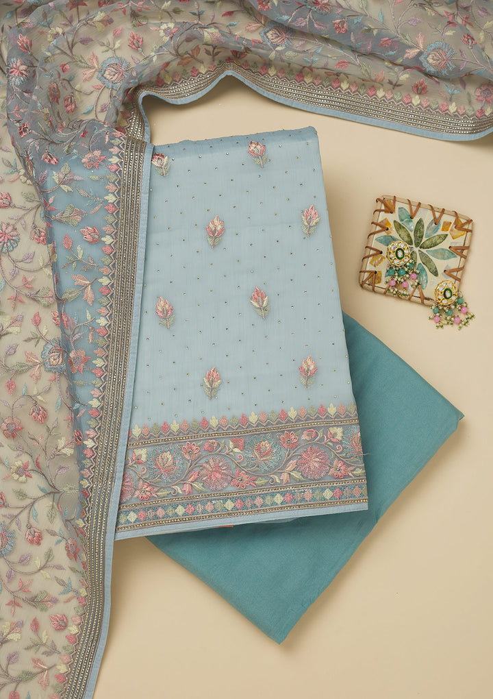 Sky Blue Threadwork Chiffon Unstitched Salwar Suit