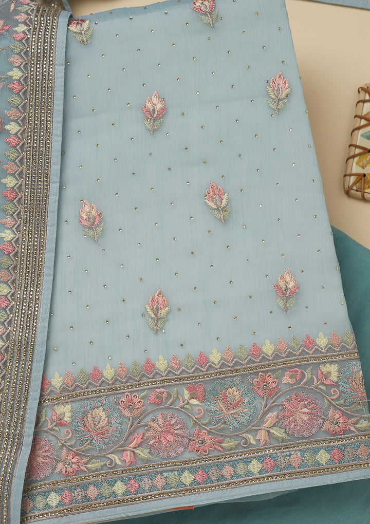 Sky Blue Threadwork Chiffon Unstitched Salwar Suit