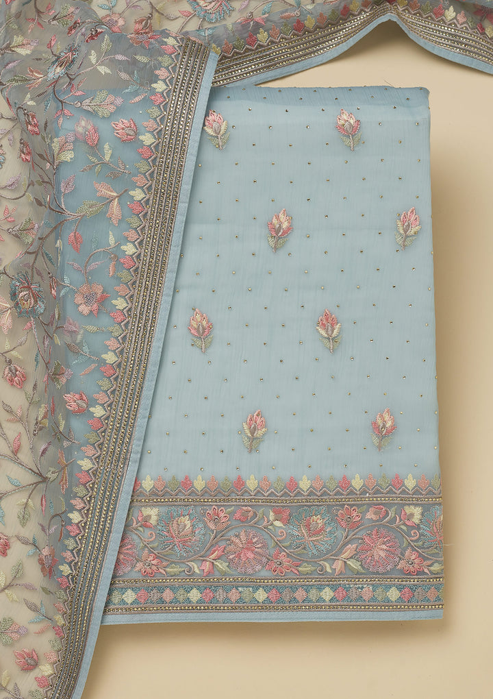 Sky Blue Threadwork Chiffon Unstitched Salwar Suit