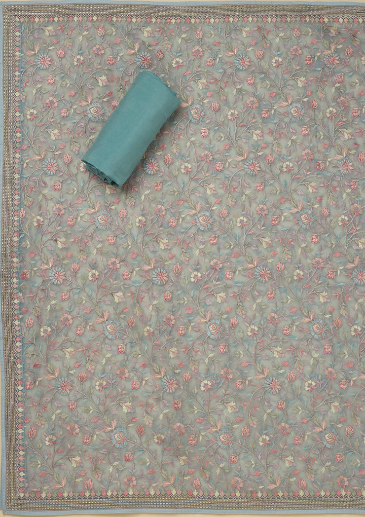 Sky Blue Threadwork Chiffon Unstitched Salwar Suit